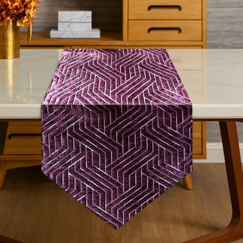 INtex Home Table Runner with V-Shaped End, Nadia’s Geometric Design in Heavy Duty Velvet Linen Fabric, Reception Living Room or Special Occasions, 1 Pc