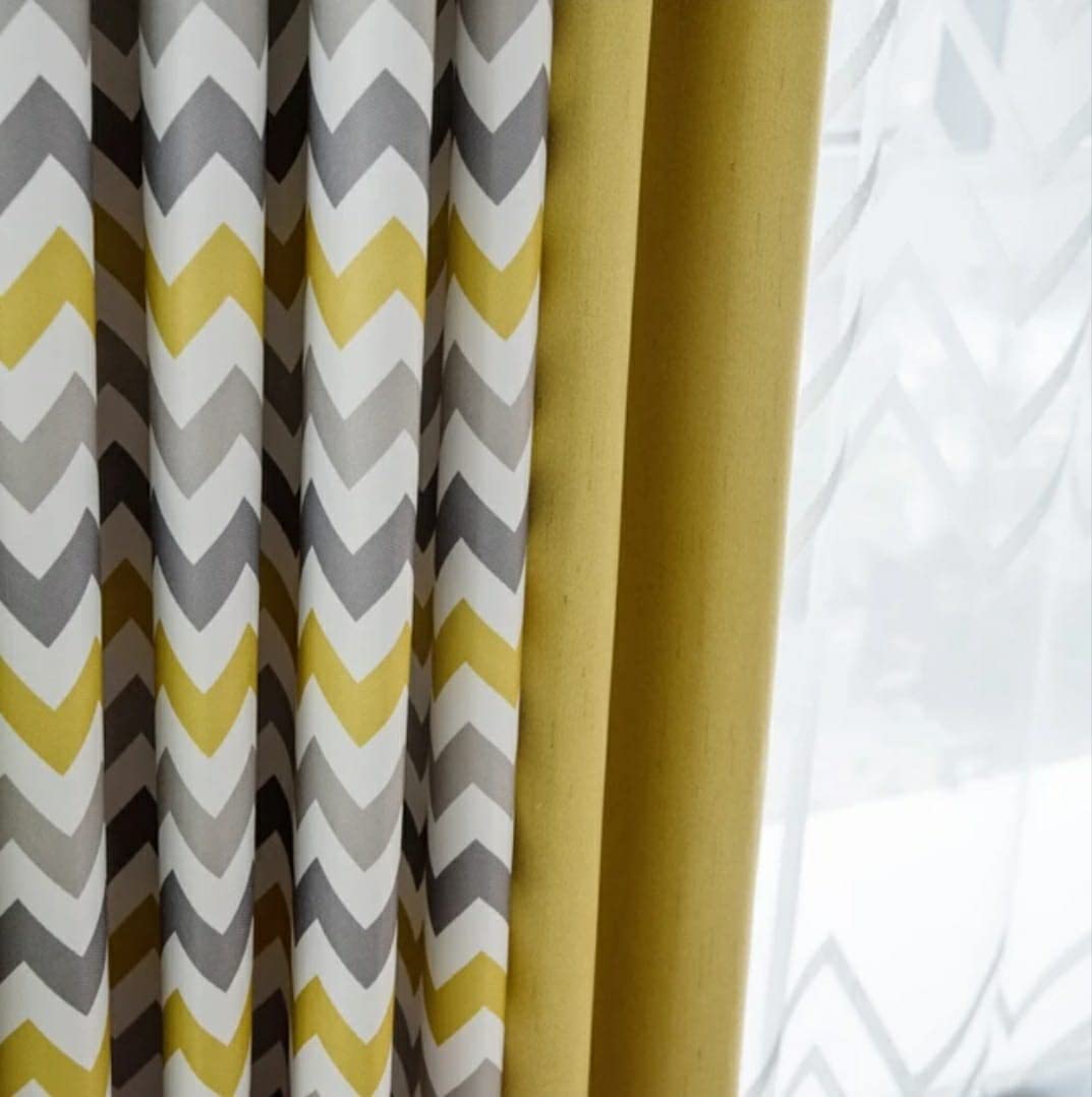 INtex CURTAINS HOUSE Luxury velvet curtains - Modern Design - Striped zig zag Yellow and Grey with plain velvet yellows 2 panels - Steel Grommets