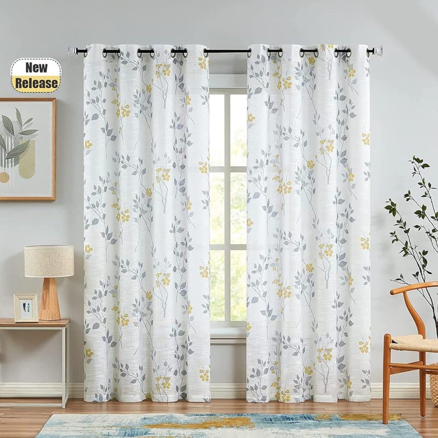 INtex CURTAINS HOUSE Rich Natural Linen curtains - Printed floral curtains- Semi-transparent - Steel grommets for living room, bedroom, kitchens, 1 piece