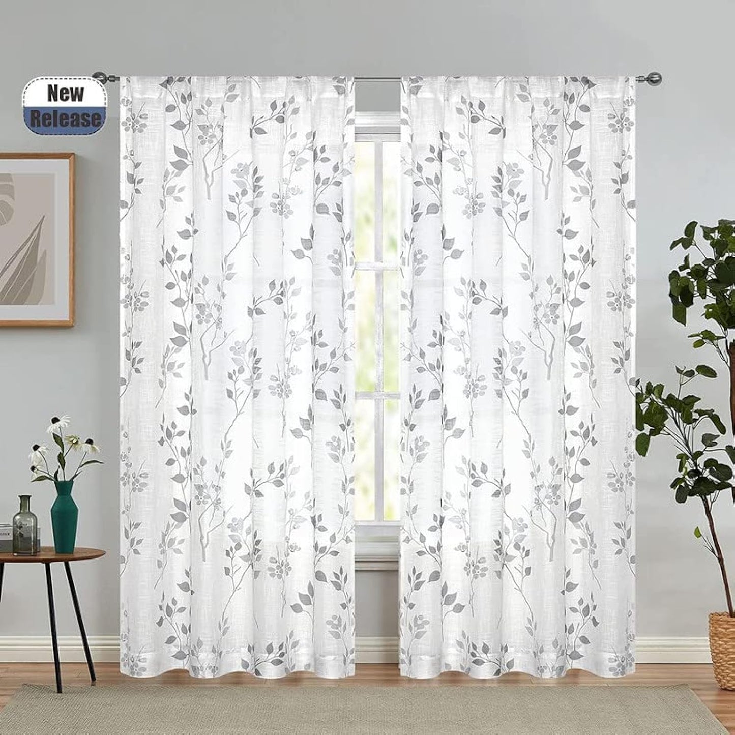 INtex CURTAINS HOUSE Rich Natural Linen curtains - Printed floral curtains- Semi-transparent - Road Pocket grommets for living room, bedroom, kitchens, 1 piece