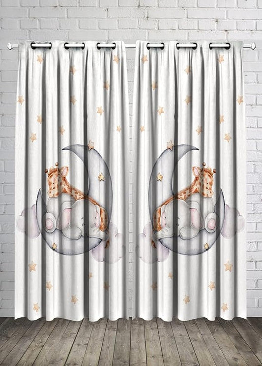 INtex CURTAINS Kids Room Elephant and Giraffe Baby Boy Curtain -Linen Velvet Fabric -Privacy - Steel Grommets - 2 Pieces