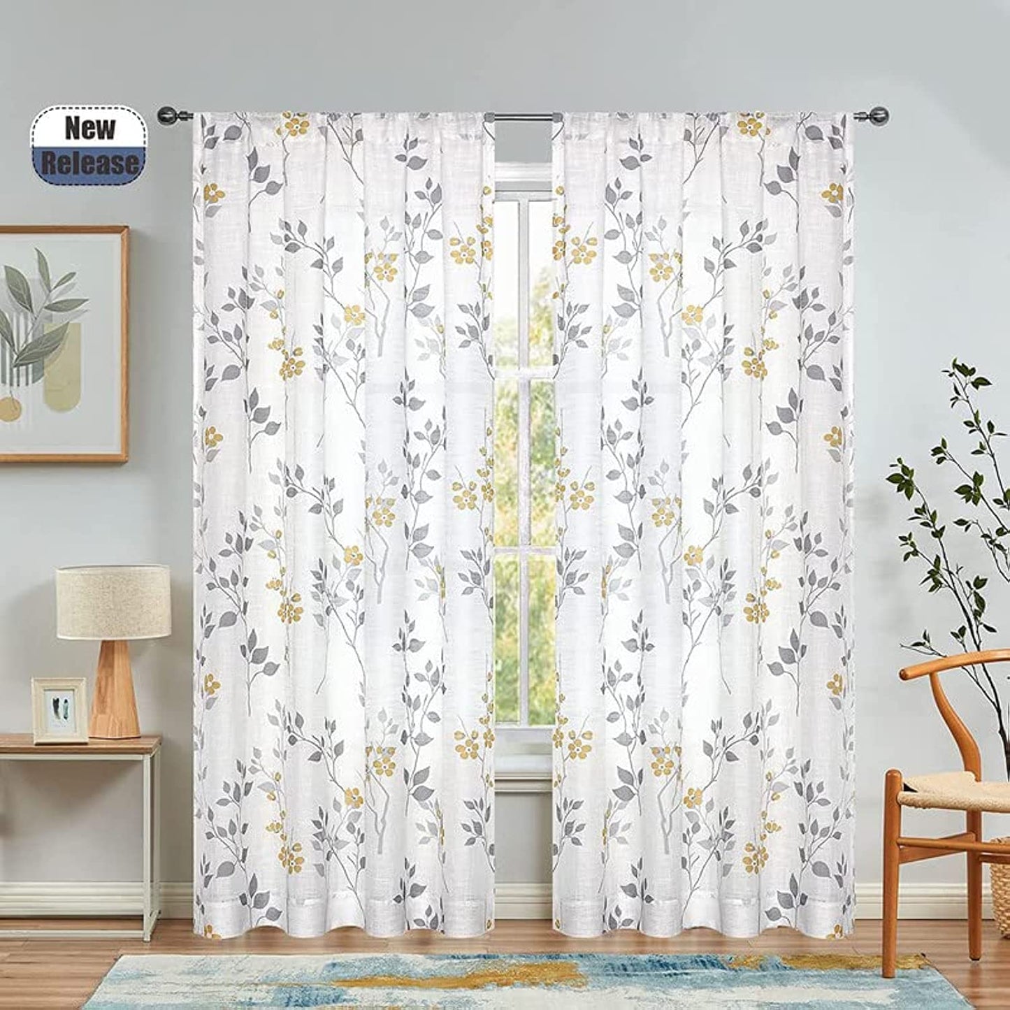 INtex CURTAINS HOUSE Rich Natural Linen curtains - Printed floral curtains- Semi-transparent - Road Pocket grommets for living room, bedroom, kitchens, 1 piece