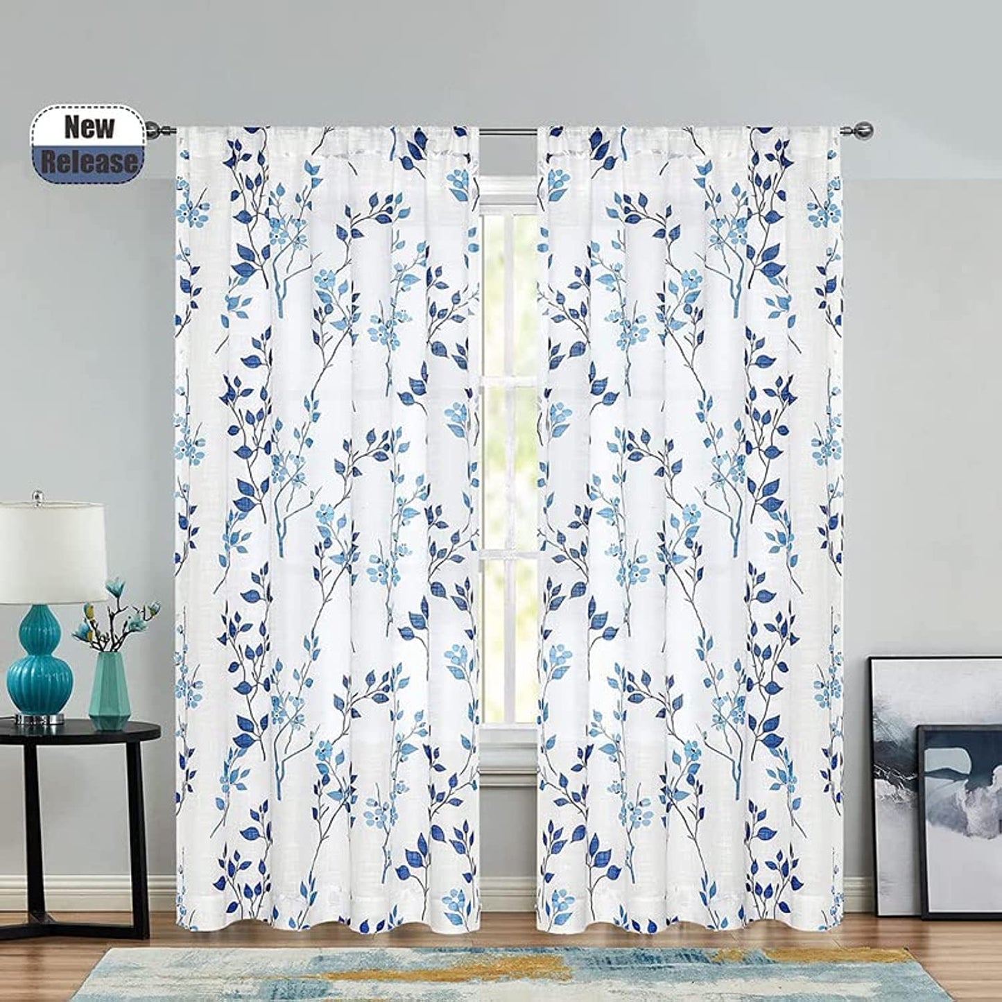 INtex CURTAINS HOUSE Rich Natural Linen curtains - Printed floral curtains- Semi-transparent - Road Pocket grommets for living room, bedroom, kitchens, 1 piece