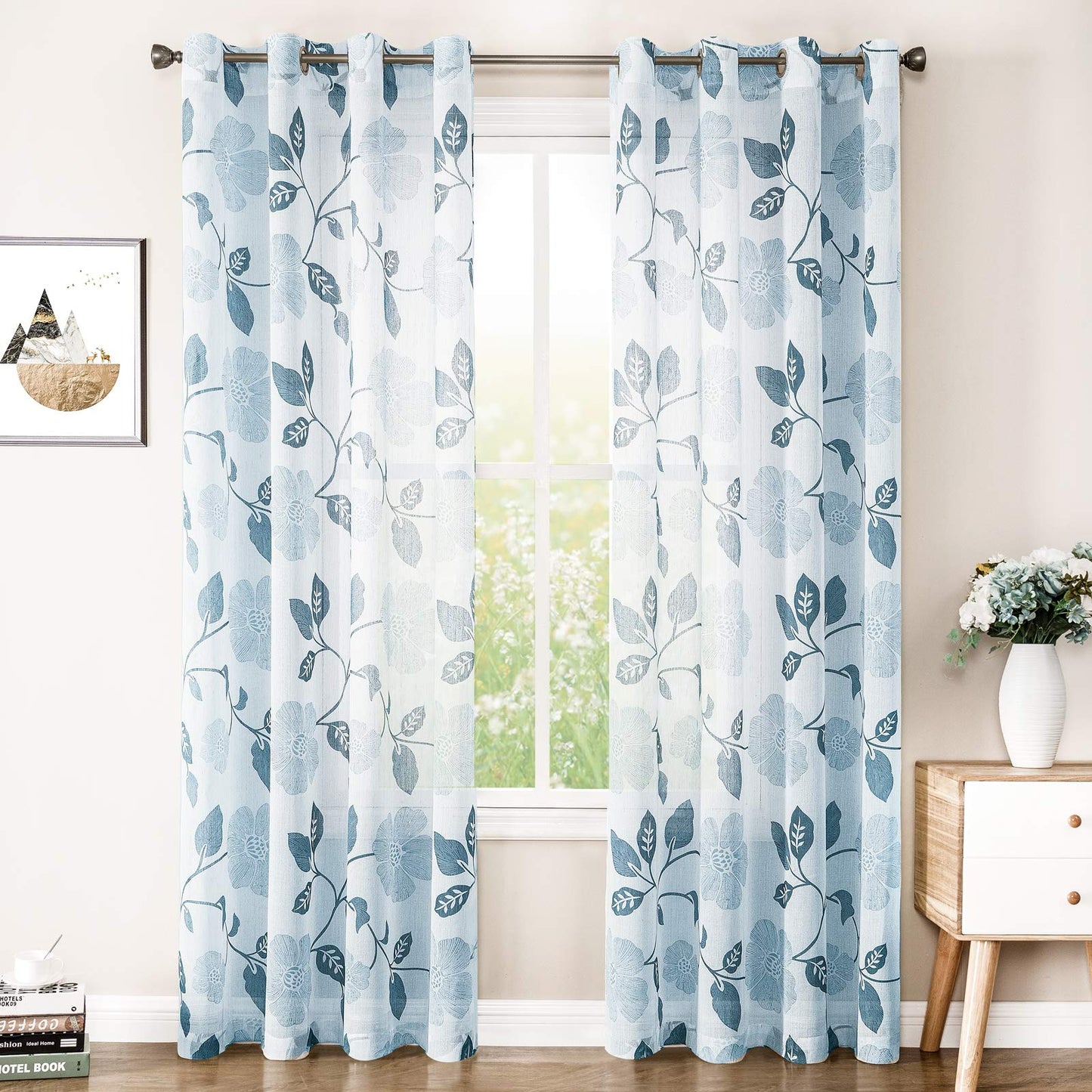 INtex Curtains Rich Natural Linen curtains - Printed floral curtains- Semi-transparent - sliver steel grommets for living room, bedroom, kitchens - 1 Piece