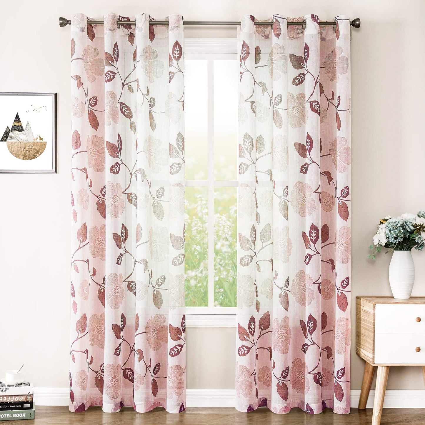 INtex Curtains Rich Natural Linen curtains - Printed floral curtains- Semi-transparent - sliver steel grommets for living room, bedroom, kitchens - 1 Piece