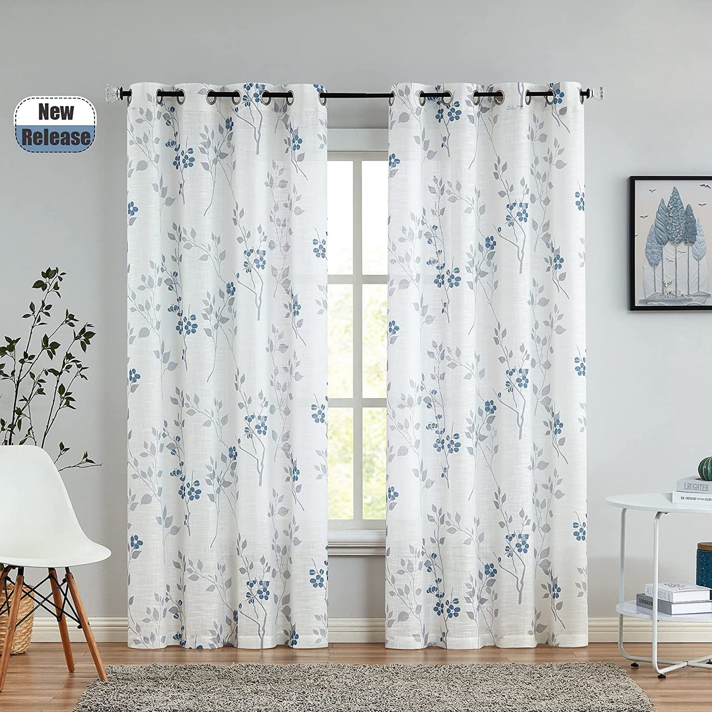 INtex CURTAINS HOUSE Rich Natural Linen curtains - Printed floral curtains- Semi-transparent - Steel grommets for living room, bedroom, kitchens, 1 piece