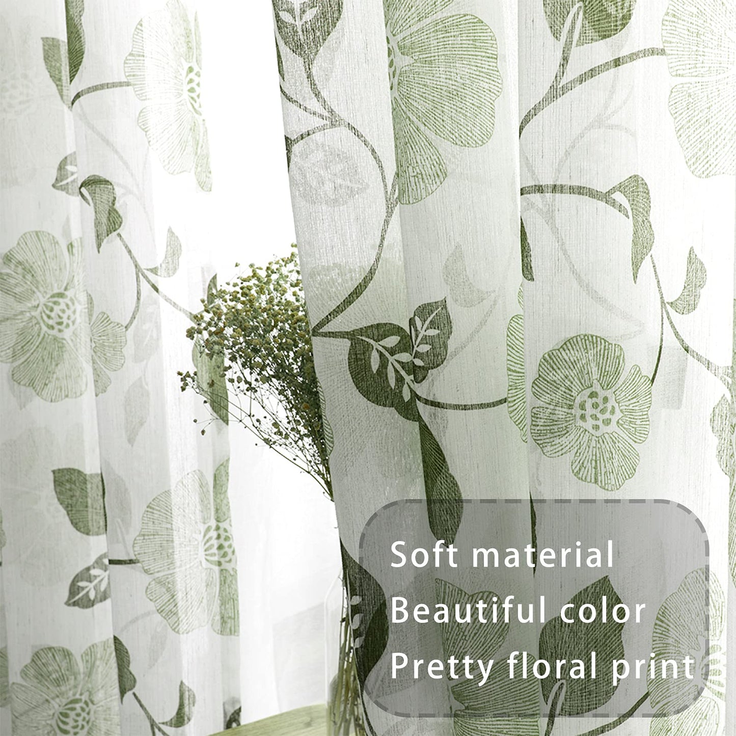 INtex Curtains Rich Natural Linen curtains - Printed floral curtains- Semi-transparent - sliver steel grommets for living room, bedroom, kitchens - 1 Piece