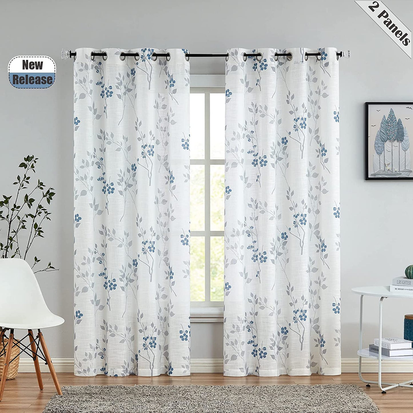 INtex CURTAINS HOUSE Rich Natural Linen curtains - Printed floral curtains- Semi-transparent - Steel grommets for living room, bedroom, kitchens, 1 piece