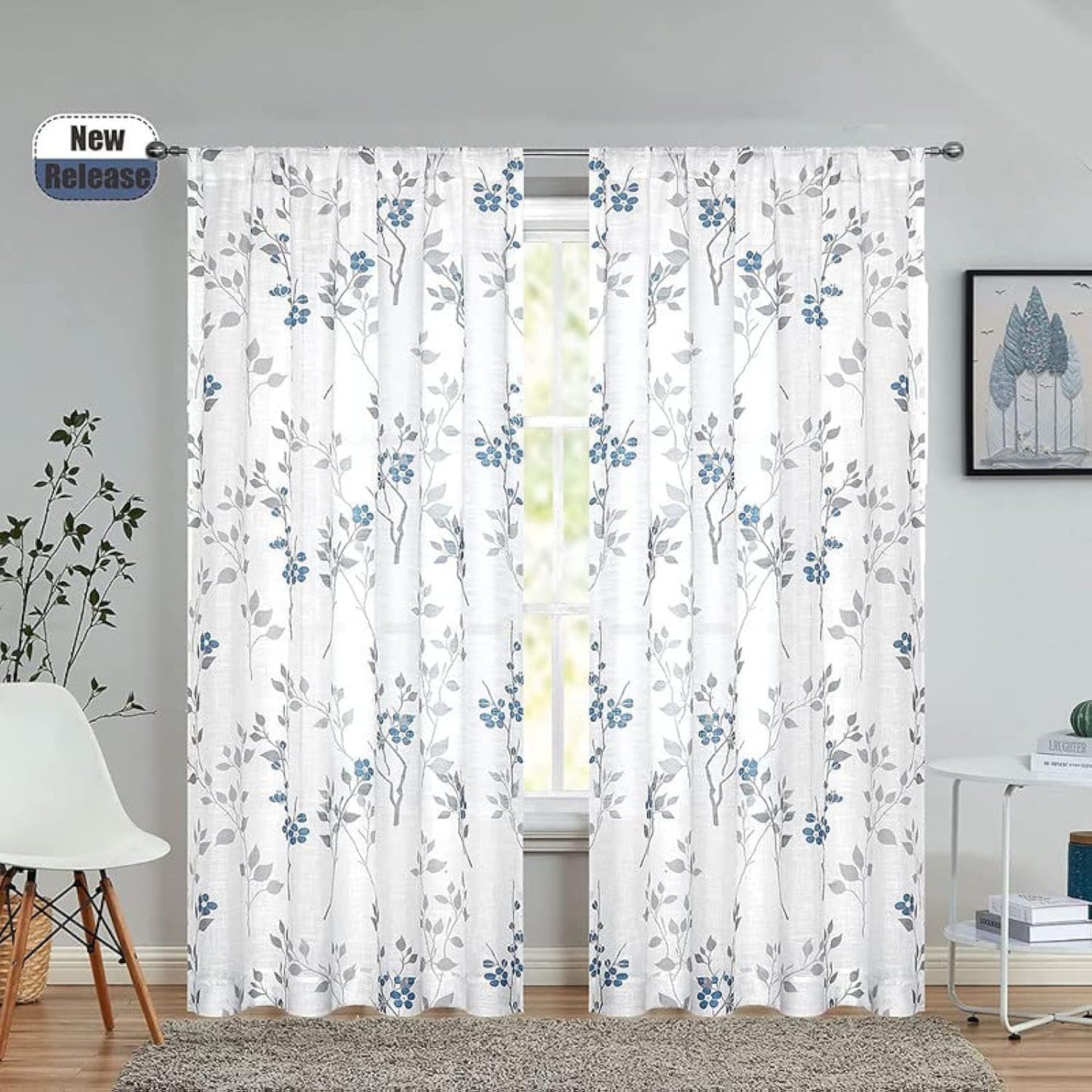 INtex CURTAINS HOUSE Rich Natural Linen curtains - Printed floral curtains- Semi-transparent - Road Pocket grommets for living room, bedroom, kitchens, 1 piece