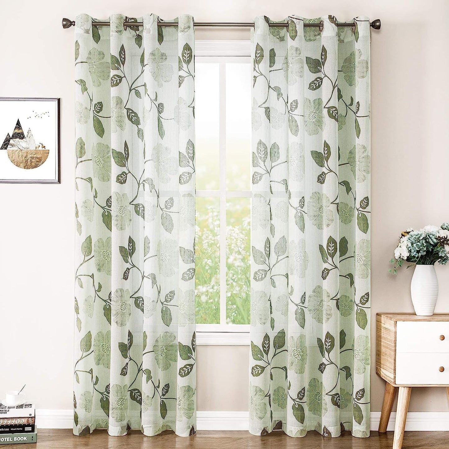 INtex Curtains Rich Natural Linen curtains - Printed floral curtains- Semi-transparent - sliver steel grommets for living room, bedroom, kitchens - 1 Piece